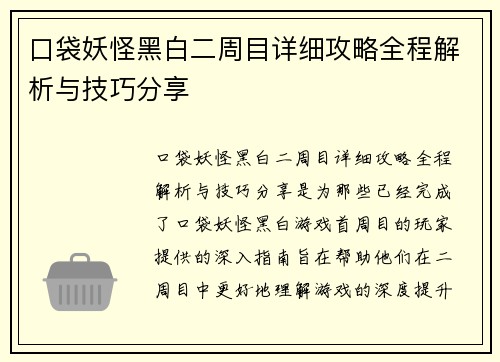 口袋妖怪黑白二周目详细攻略全程解析与技巧分享